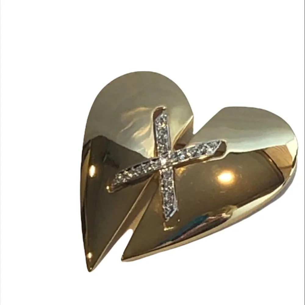 KEYES MENDED BROKEN HEART SHINY GOLD TONE BROOCH